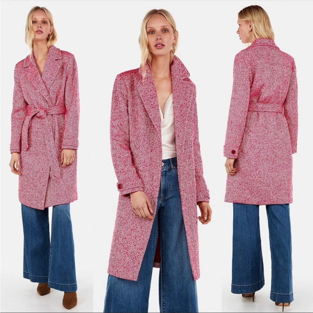 EXPRESS | Pink white tweed wool winter coat trench women size Small Barbico…